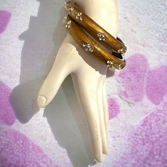 Vtg pair gold metallic crystal moonstone bangle bracelets - Picture 5 of 10